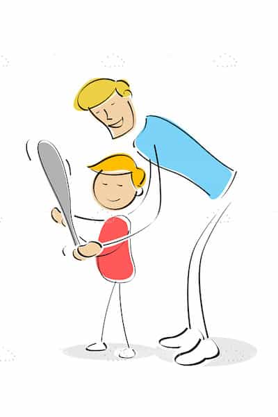 Father Teaching Son to Play Baseball in Sketch Style